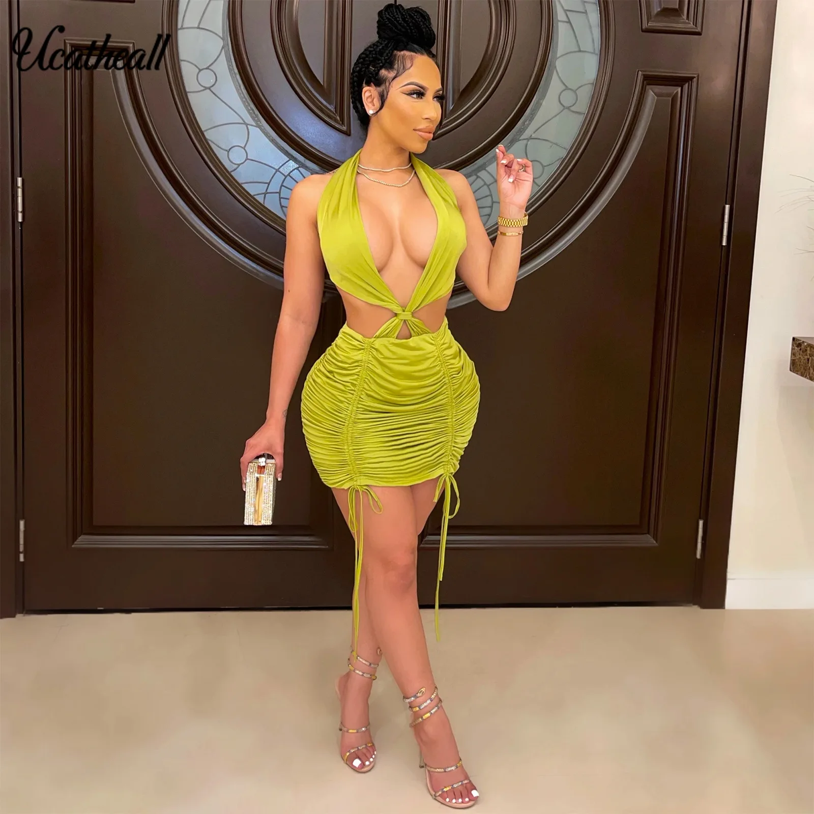 Sexy Deep V Neck Mini Dresses For Women 2021 Summer Sleeveless Ruched Bodycon Dress Halter Drawstring Party Short | Женская одежда