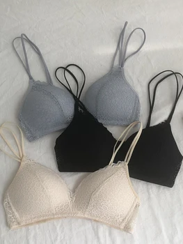 

French Lace No Steel Ring Gathered Solid Color Double Row Buckle Underwear Female 2019 Summer Thin Sexy Lace Bra Women 1904