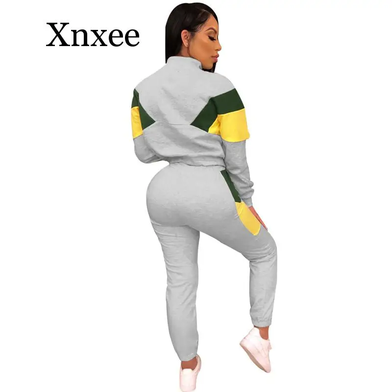 run Winter Women Sport 2 Piece Tracksuit Color Patchwork Full Sleeve Turn-down Collar Sweatshirt Pants Casual Sweatsuit Outfits