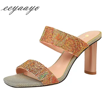 

2020 New Summer Women Mules Slippers High Square Heels Bling Crystal Sexy Ladies Women Shoes Black Outside Slides