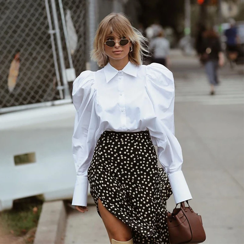 

Women White Puff Sleeve Solid Blouse Shirts Spring Autumn Office Lady Work Wear Turn-Down Collar Loose Female Elegant Tops Shirt