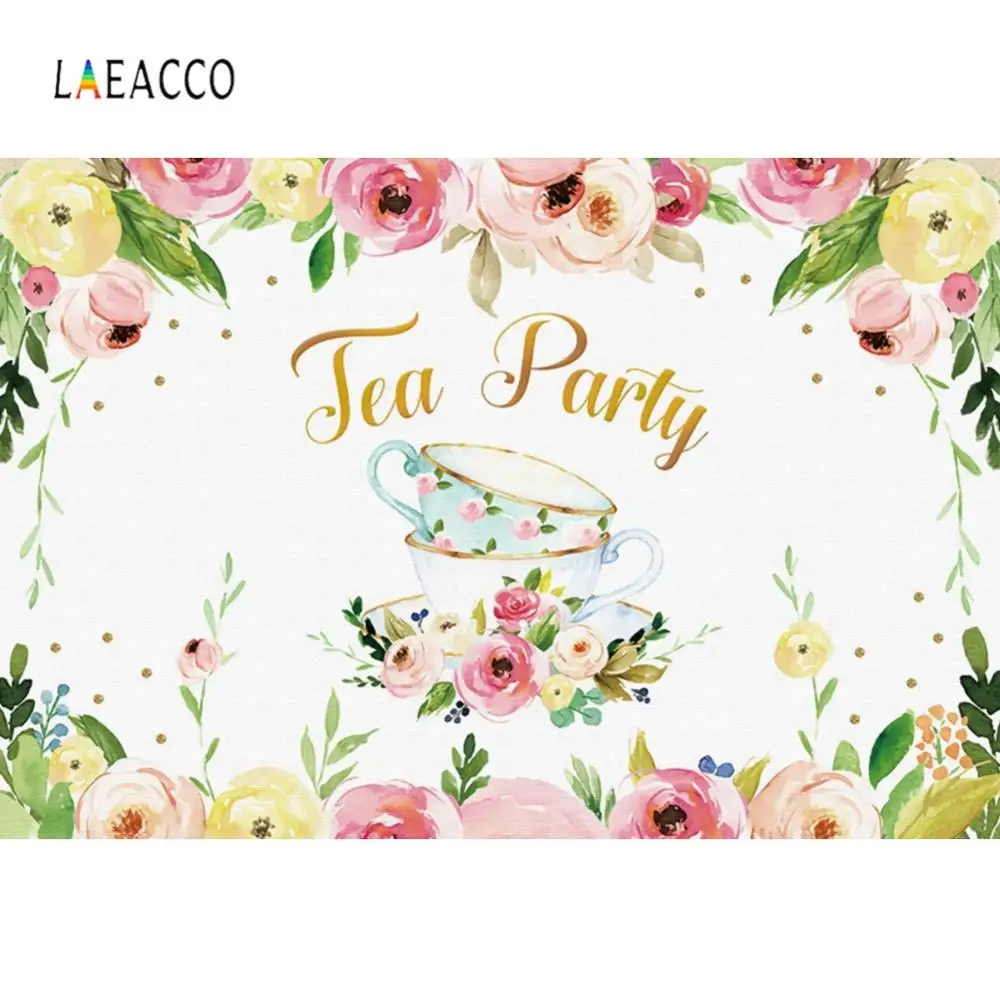 

Laeacco Tea Party Blooming flowers Watercolor style background Celebration Photography Customizable Backdrop Photo Studio