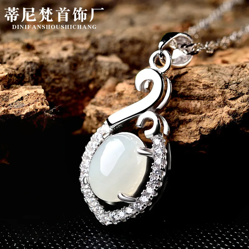

Korean-style Fashion Elegant Elegant Choker Accessories S925 Fine Silver Set with Hetian Jade Gemstone Retro Necklace Pendant Wo