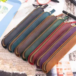 Étui à crayons Simple et Portable en cuir de vache à fermeture éclair, étui de Protection pour stylos, Mini trousse de papeterie 