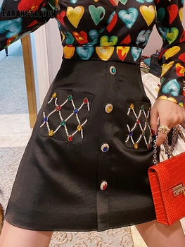 

Free shipping Heavy craft nail beads diamond button decoration high waist A word skirt ladies summer new style personality wild