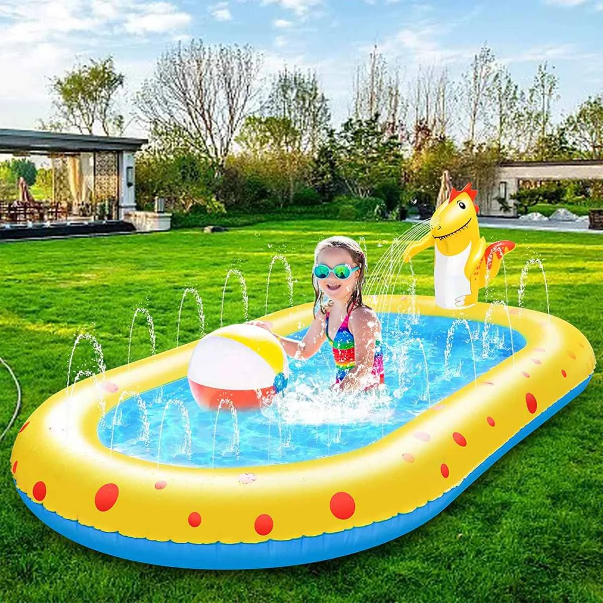4 En 1 Piscine Gonflable Pvc Splash Pour Bebe Enfants Piscine D Ete Fete En Plein Air Plage Pelouse Jouets 170cmx110cm
