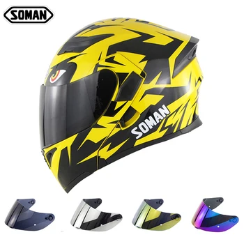 

Yellow Motorcycle Helmet With Anti-UV400 Inner Visor Model K5 Flip up Helm Motorbike Full Face Capacetes DOT Casco SOMAN 955