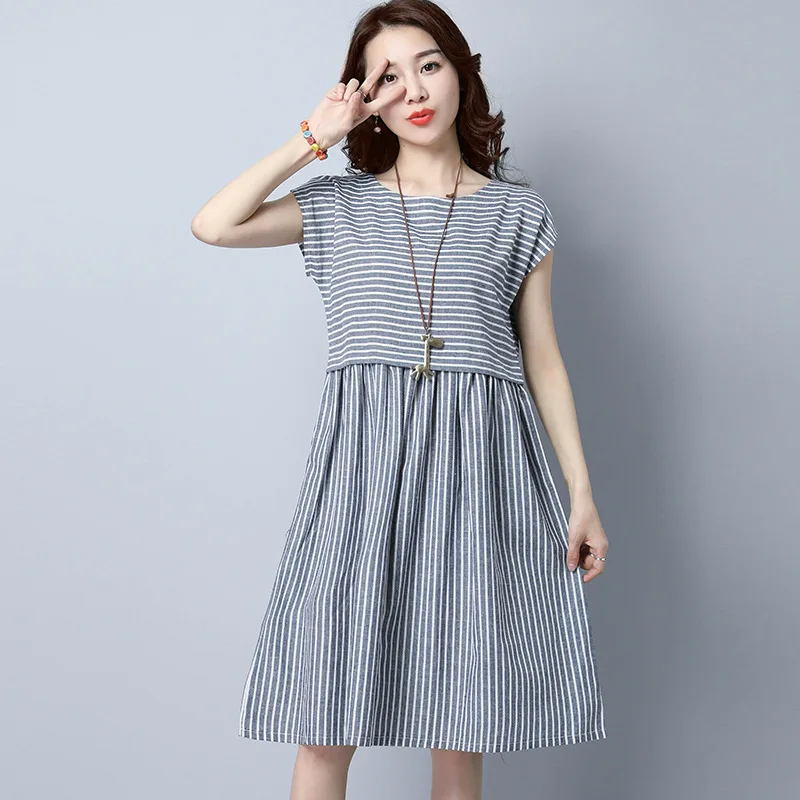 

2019 Summer Short Sleeve Large Size Literature And Art Loose-Fit Stripes Mid-length Dress Joint Cotton And Linen Skirt