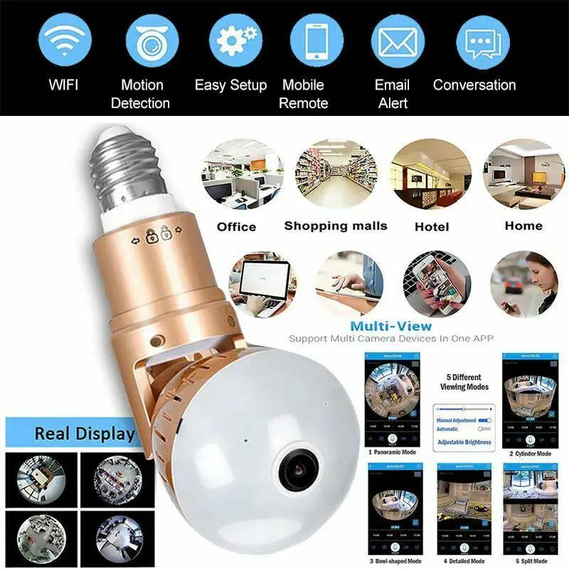 

1080P HD Wifi IP Camera Panoramic Camera 360 Two Way Audio Camera Bulb Light E27 IR-Cut Mini Night Vision Camera CCTV