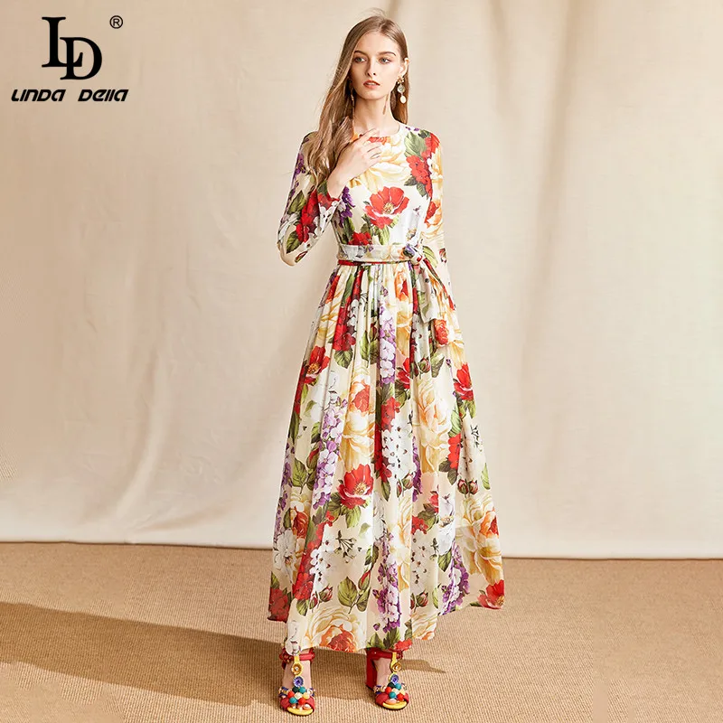 Женское платье макси LD LINDA DELLA шифоновое длинное с длинным рукавом и поясом