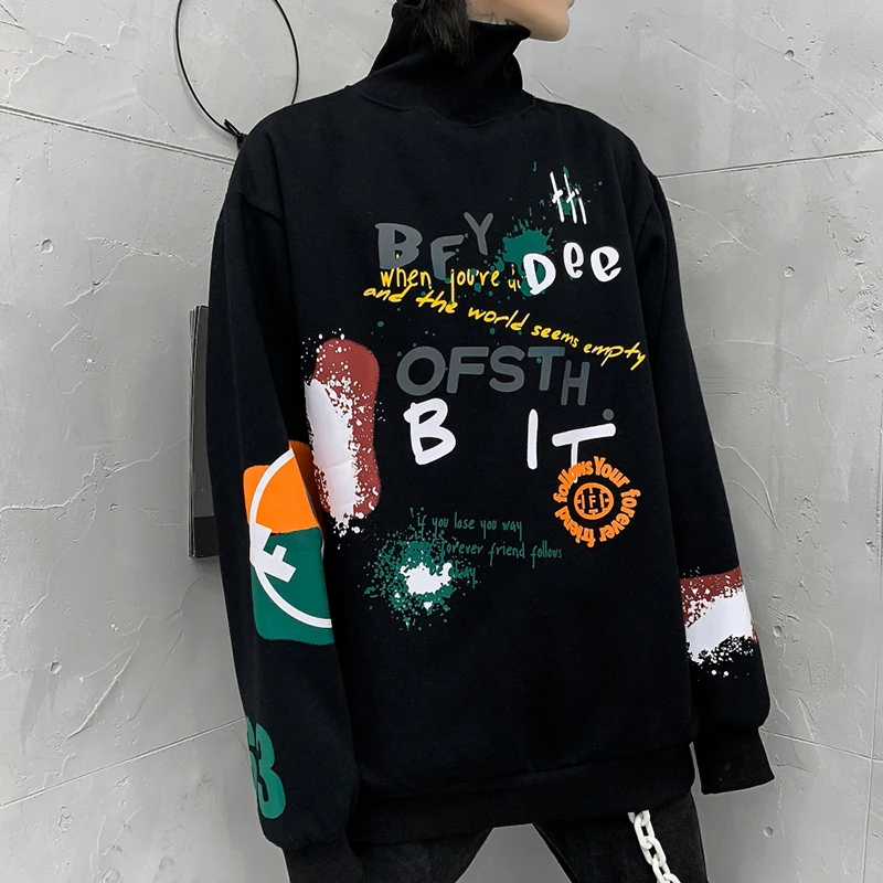 Толстовка с принтом граффити, толстовка с воротником-стойкой, Мужская Флисовая Толстовка в стиле хип-хоп, Harajuku, спортивный костюм, уличная свободная Мужская одежда, зимняя