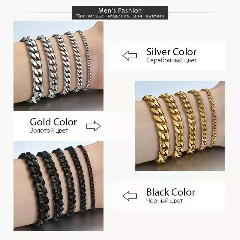 

Newall 2019 Gold Women Men 3mm 5mm Stainless Steel Curb Cuban chain Punk Style Link Bracelet Gold Fashion Jewelry accessory