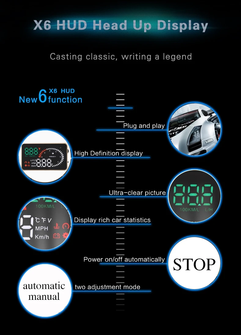 X6 HUD OBD2 Head Up несколько дисплей спидометр датчик Тахометр расход топлива время вождения с будильником лобовое стекло проектор