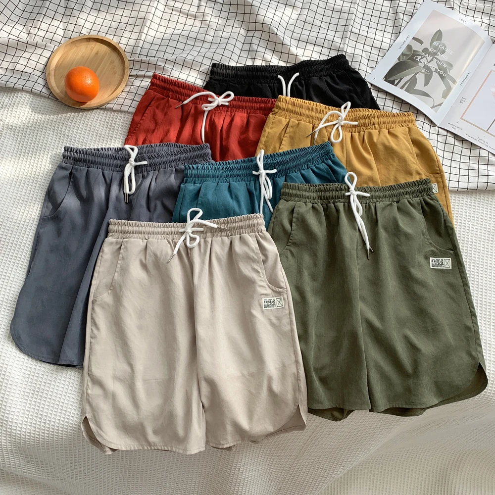

Dropshipping 7 Colors Harajuku Casual Knee Length Shorts Men Solid Slim Fit Drawstring Appliques Men's Shorts Streetwear