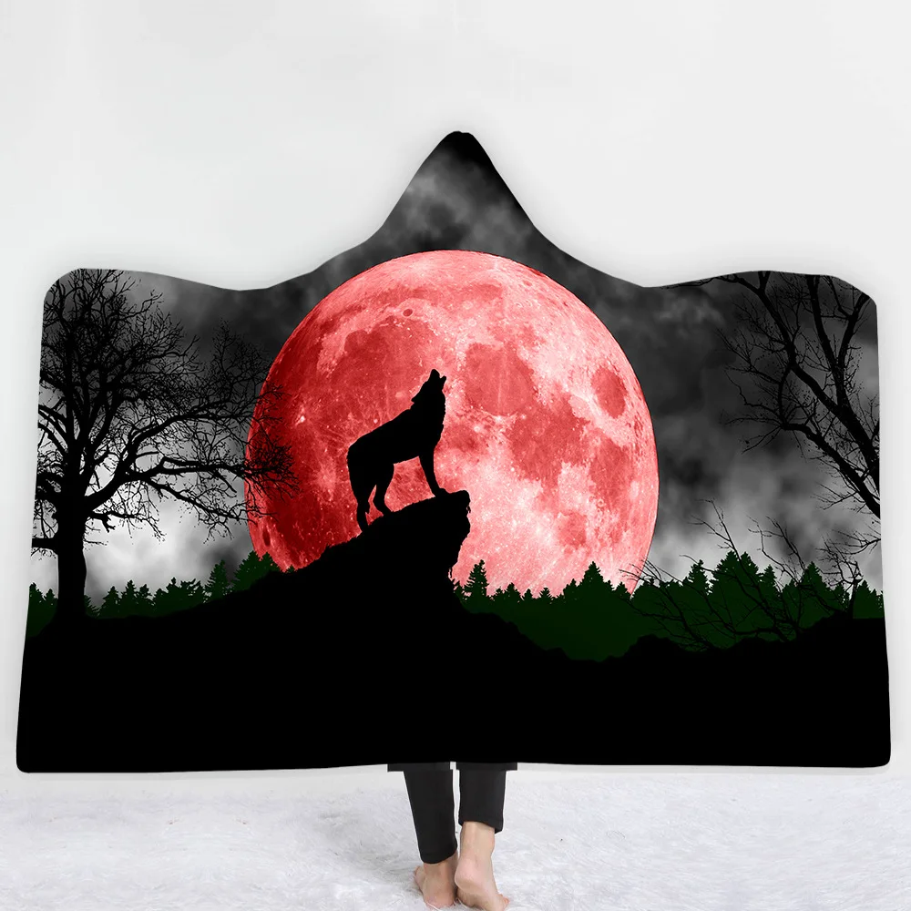 Moon Wolf/одеяло с капюшоном для мужчин, детское утепленное Двухслойное плюшевое одеяло с шапкой, мягкий фланелевый плед с изображением Льва шерпы - Цвет: 7
