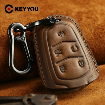 

KEYYOU Genuine Leather Car Remote Key Case Fob Cover For Cadillac Escalade ATS CTS XTS SRX XT5 BLS Fob 5 Buttons