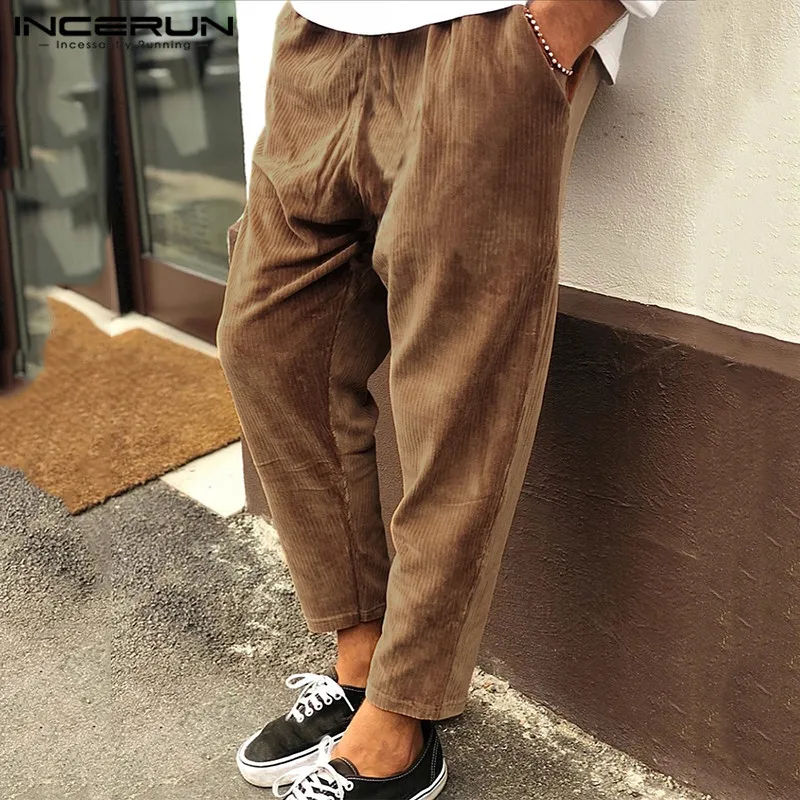 

INCERUN Men Casual Trousers Solid Corduroy Joker Elastic Waist Sweatpants Autumn Fashion Joggers Mens Lacing Harem Pants 2020