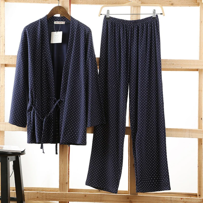 Men navy set1 Унисекс женский пижамный комплект из 2 предметов в японском стиле, мужские кимоно Jinbei, хлопковые удобные пижамы на осень и зиму, одежда для сна юката - Цвет: Men navy set1