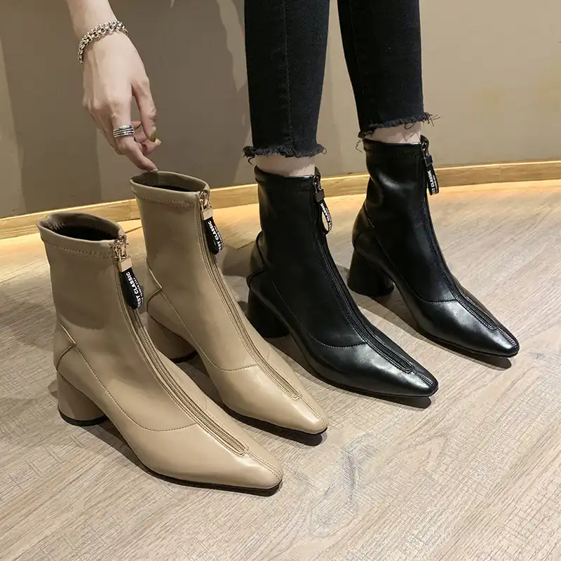 セックス黒カーキフロントジッパー女性アンクルブーツハイヒールの冬ファッションショートブーツレディースファッションポインテッドトゥブーツ アンクルブーツ Aliexpress