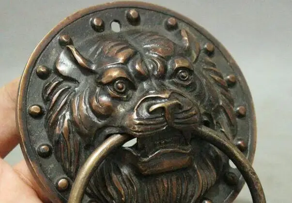 

Chinese Temple Bronze Guard Copper Lion Fu Foo Dog Statue Door Holder Knocker