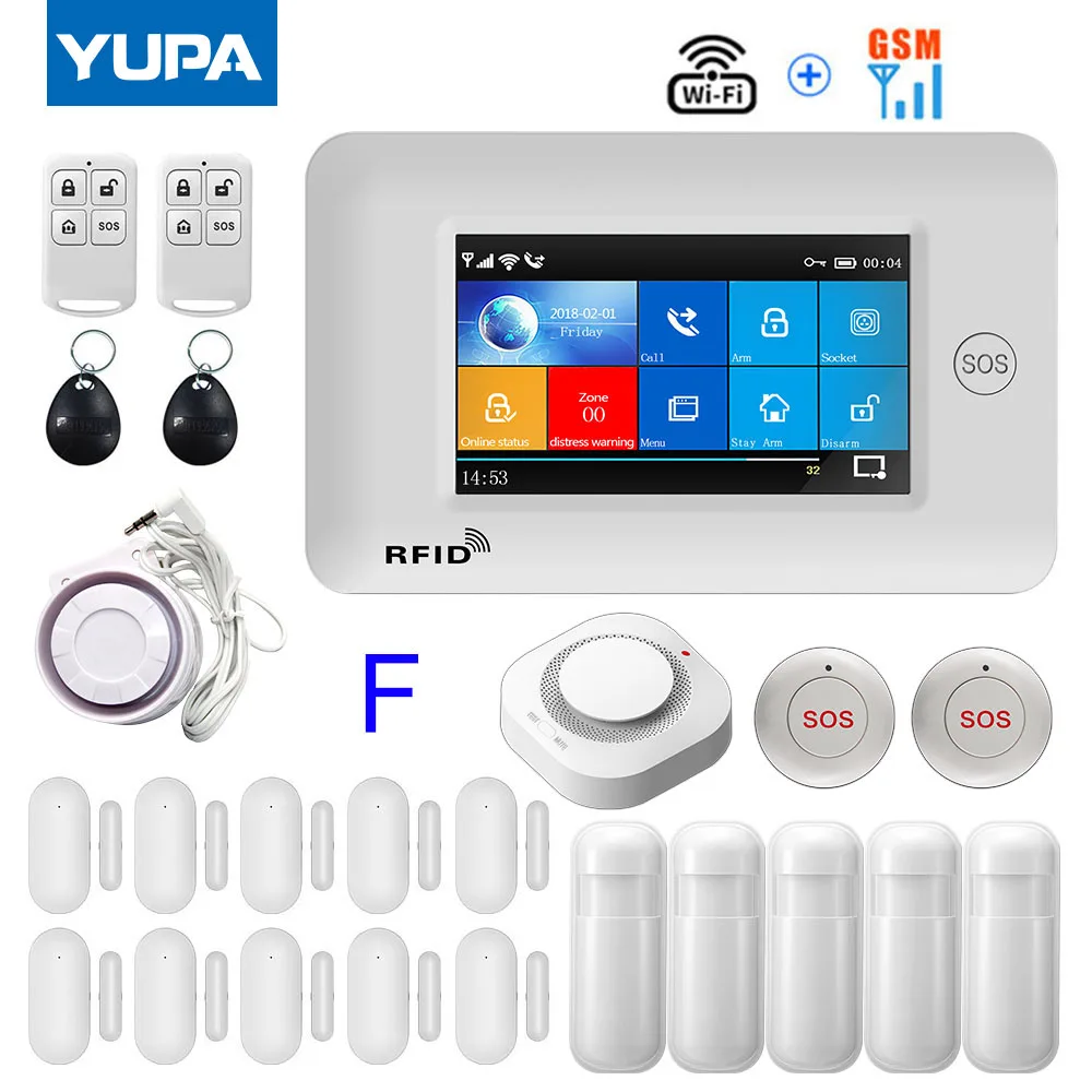 YUPA-sistema de alarma de seguridad para el hogar, kit de botón de SOS con pantalla completamente táctil de 4,3 pulgadas, inalámbrico, 433MHz, WIFI, GSM, Detector de humo