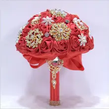 Китайский стиль Роскошные хрустальные свадебные букеты невесты Искусственные Красные атласные розы свадебная Цветочная лента SPH249