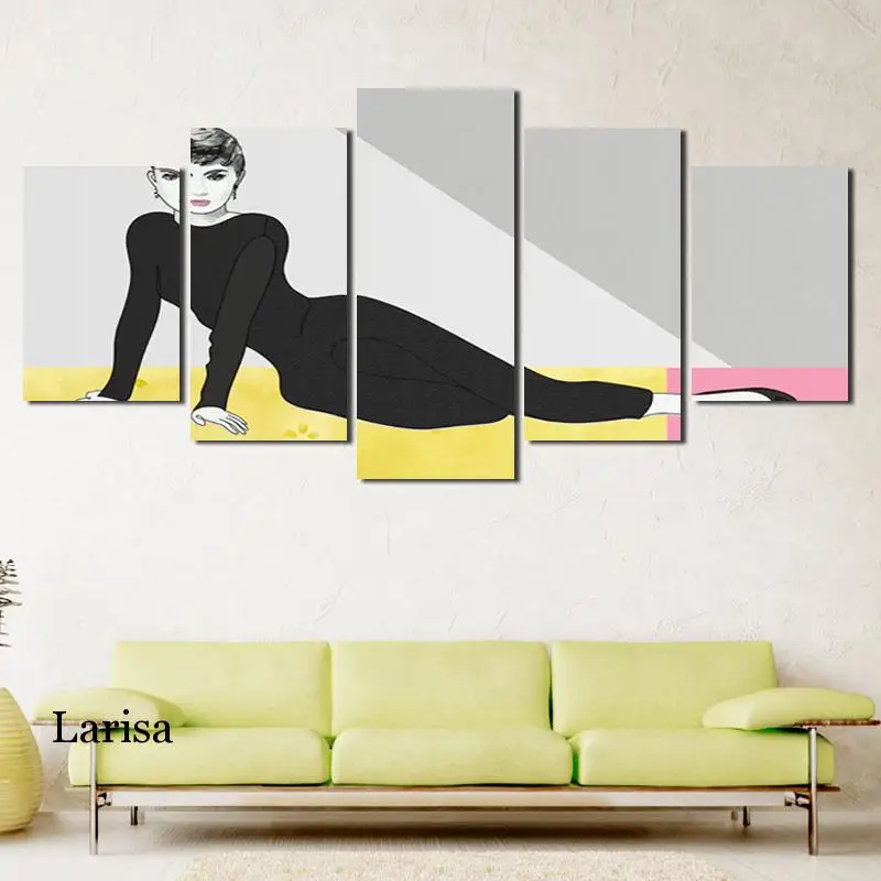 

Modern Fashion Prints 5 Panel Canvas Painting Lady Portrait Poster and Prints Wall Art Picture for Living Room Bedroom Decor