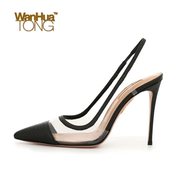 

Wanhuatong Sexy Business Office Party Pointed Toe Stiletto Heel Slingbacks Transparency PU Pumps Size45