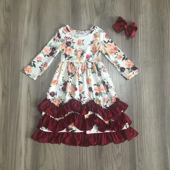 

children girls fall/autumn clothes floral dress girls long white dress with bow