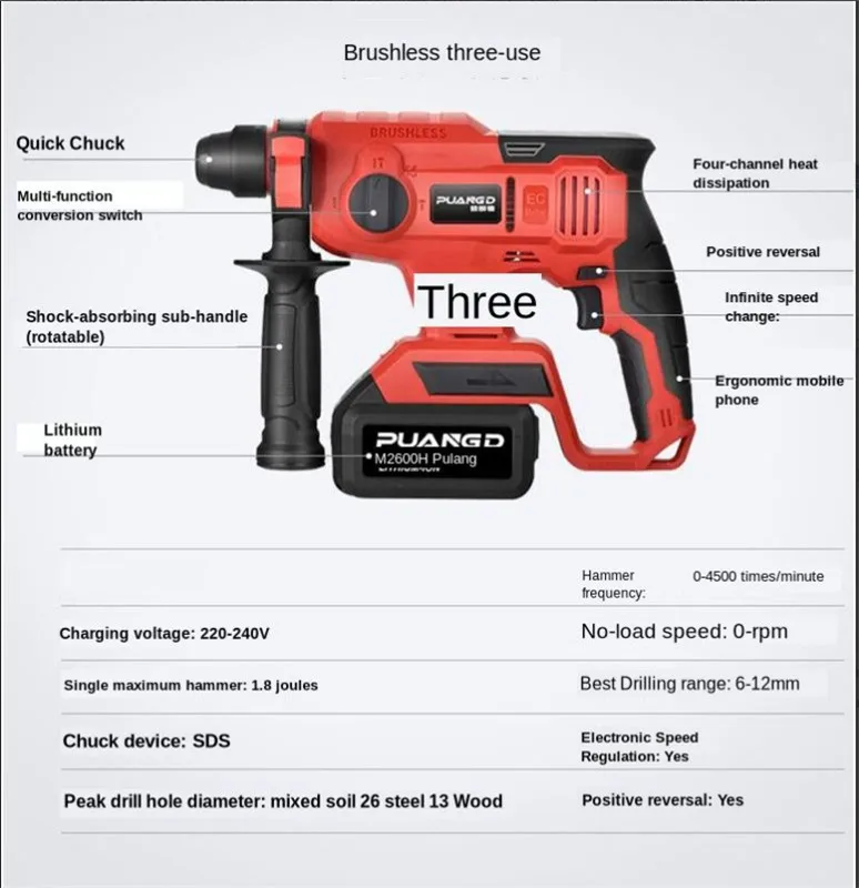 Бесщеточный беспроводной молоток Ударная дрель литиевая батарея многофункциональное радио молоток бурение электроинструменты промышленного класса