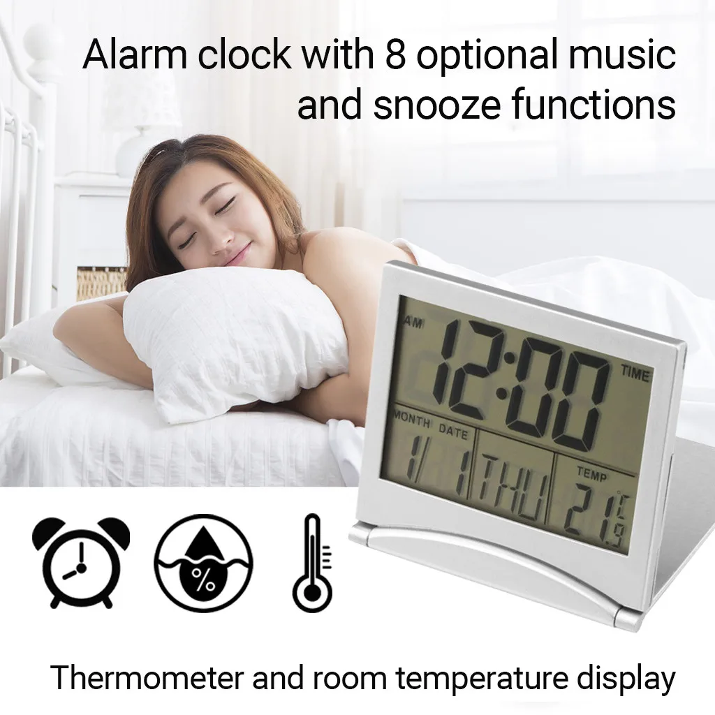 Digital LCD Weather Station Folding Alarm Clock Date Desktop Temperature Travel Clock With 8 Optional Music and Snooze Functions