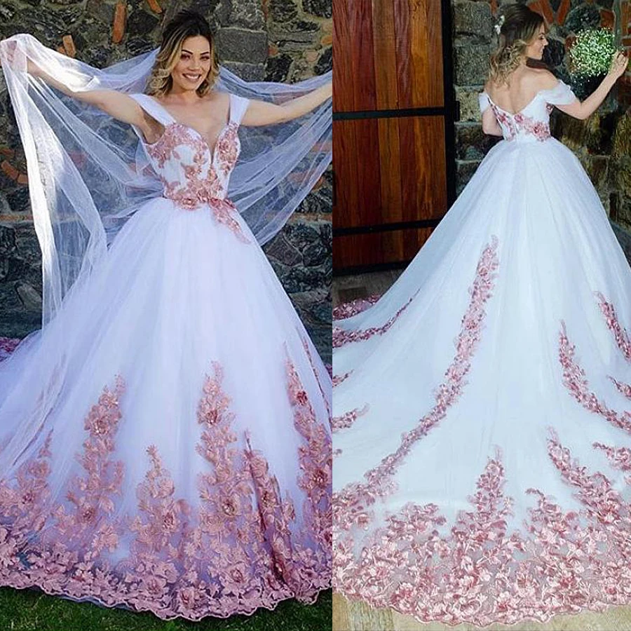 Романтическое Белое Бальное платье из тюля с открытыми плечами, свадебные платья с розовой кружевной аппликацией, свадебные платья