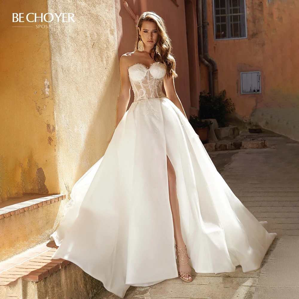 

Vestido de Noiva Sweetheart Appliques Wedding Dress Elegant Sleeveless Satin A-Line Princess BECHOYER V164 Quality Bride Gown