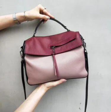 Pink with Wine Red Высококачественная Модная элегантная роскошная женская сумочка через плечо женская сумка-мессенджер на плечо с верхней ручкой из натуральной кожи - Цвет: Pink with Wine Red