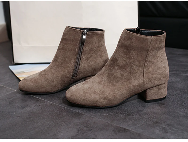 MCCKLE/Осенние женские ботильоны модная обувь на молнии, флоковые круглый носок замшевая обувь на квадратном каблуке женские Повседневное; теплая и удобная женская обувь