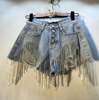 

2020 Summer New Heavy Industry Tassel Diamond High Waist Brushed Hole Denim Shorts Women Plus Size Harajuku Womens Clothing