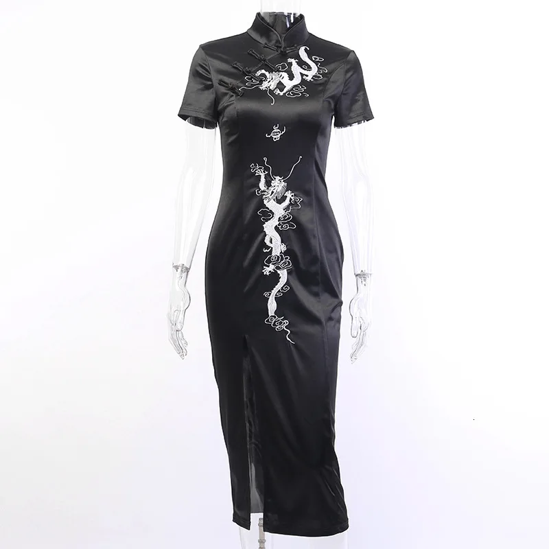 Готический Черный китайский дракон, Вышивка женское сексуальное платье чонсам