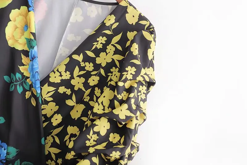 Новинка, женское винтажное кимоно с v-образным вырезом и цветочным принтом, с бантом, женская блузка, плиссированные Блузы с рукавами-фонариками, топы LS4116