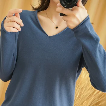 

Women Sweater Solid Female Cotton Sweaters Casual Pullover Tops V Neck Long Sleeves Fashion Short V-neck Knitted Female Sweaters