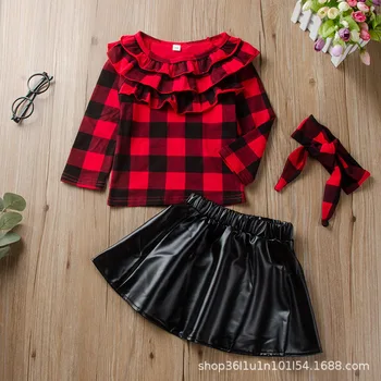 

2020 Autumn Children Sets Casual Long Sleeve Ruffles Plaid T-Shirt PU Skirt Plaid Hair band Casual 2Pcs Girls Clothes Sets 2-9T