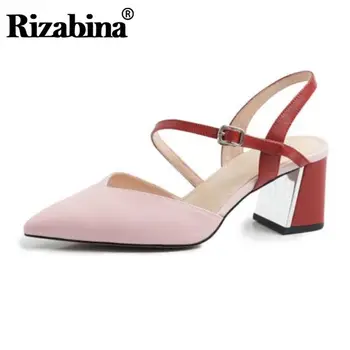 

RizaBina Real Leather Summer Sandals Women Fashion Mixed Color Pointed Toe Sexy Shoes Women High Heels Party Footwear Size 34-39