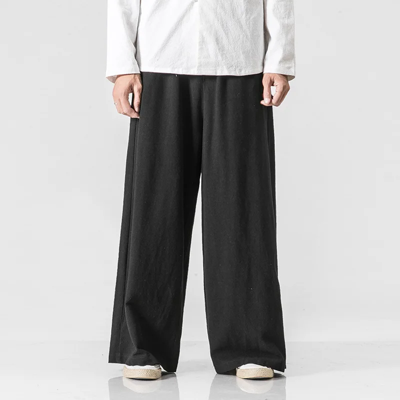 0638 летние тонкие хлопковые льняные Мужские штаны серые Красные бежевые японские уличные брюки-кимоно мужские прямые широкие свободные джоггеры - Цвет: black