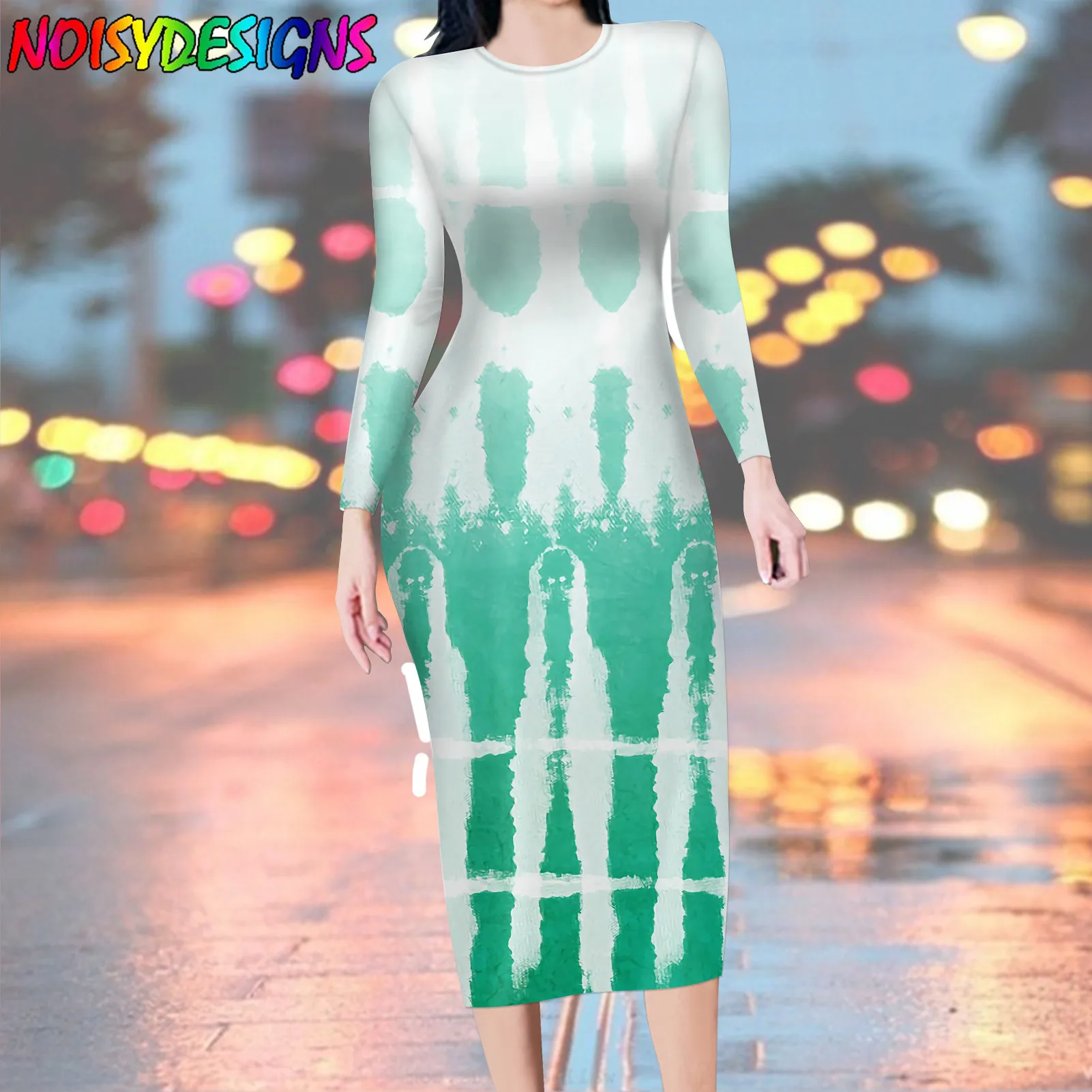 

NOISYDESIGNS Tie Dye Printing Women's New Long Dress Ladies Elegant Bag Hip Party Dress Long Sleeve O-Neck Fashion Woman Dress