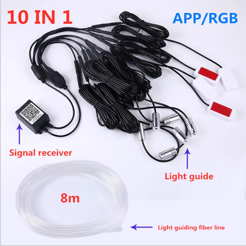 

8M RGB Fiber Optic Car Interior Decorative Ambient Light App Sound Control LED Strip Cigarette lighter Auto Atmosphere Lamp 12V