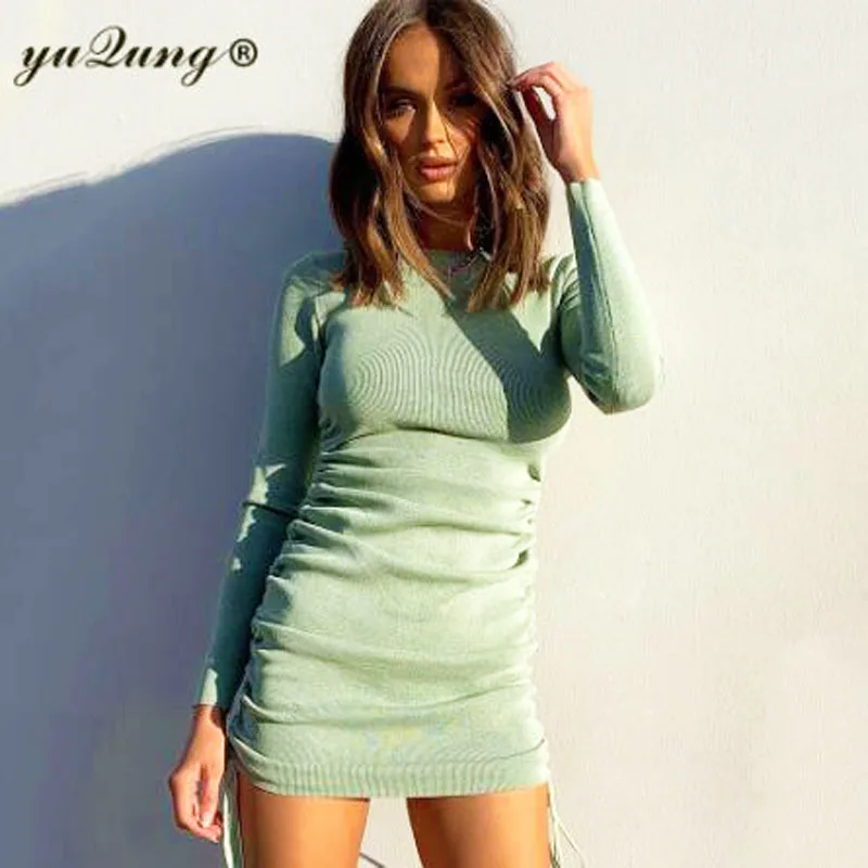 

YuQung Knitted Drawstring Sexy Bandage Dresses Long Sleeve High Waist 2020 Autumn Winter Women Mini Bodycon Party Dresses Ruched