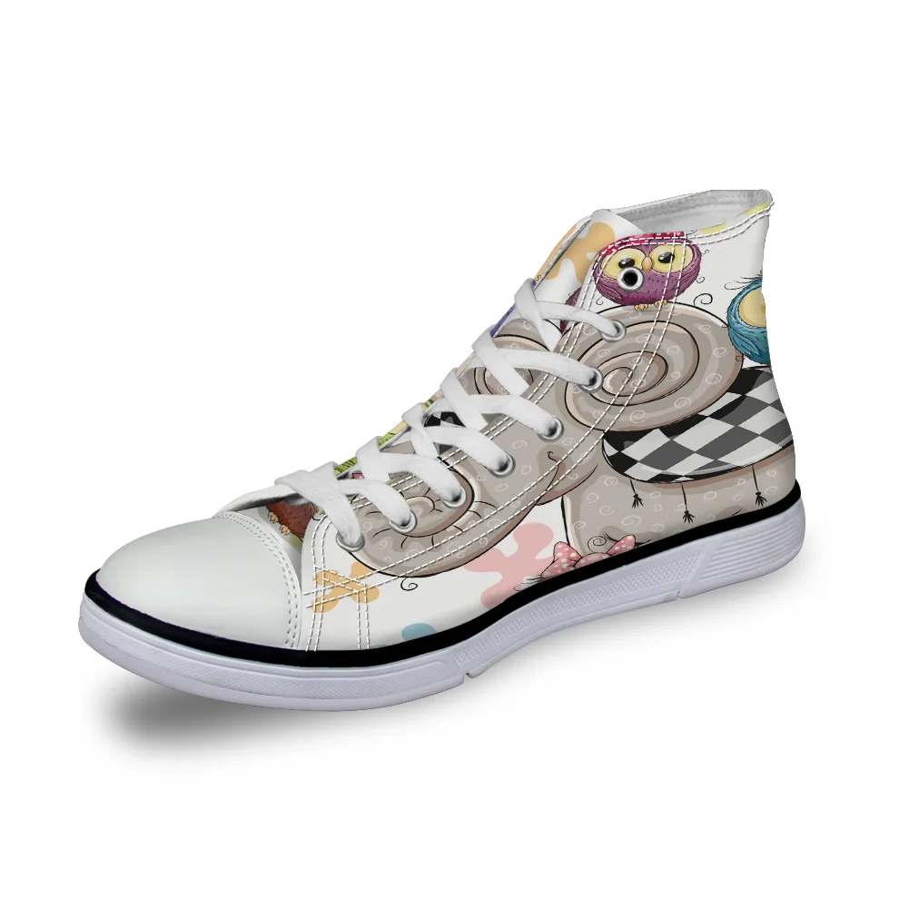 

WHEREISART Women Canvas Shoes Cartoon Happy Elephant And Owl High Top Flats Unisex Vulcanized Shoes Female Casual Shoes Sneakers