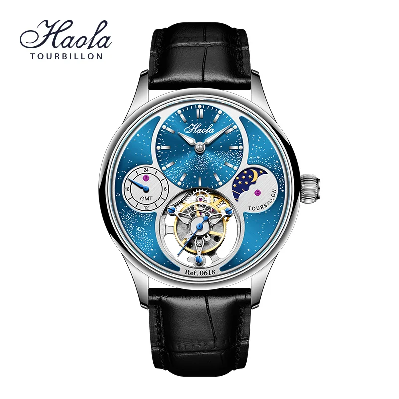Haofa Luxury Skeleton Tourbillon Sapphire Watch For Men Meccanico Manuale Tourbillon Gmt Moonphase Orologi Da Polso Orologio Uomo