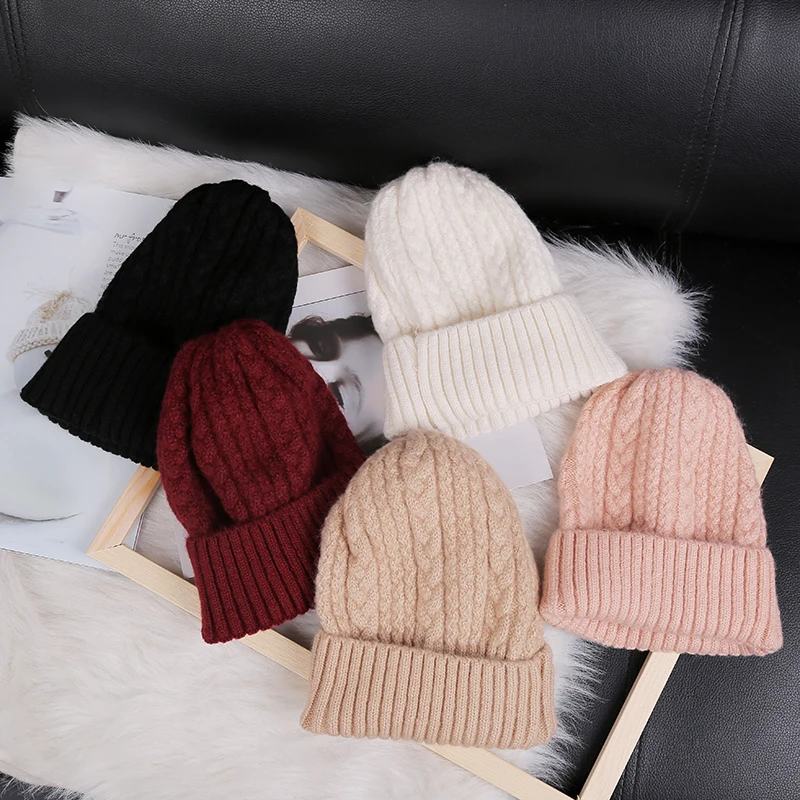 Однотонные хлопковые зимние шапки из кроличьей шерсти для мужчин, утолщенная теплая шапка с помпоном, вязаная шапка, повседневные зимние шапки бини для мужчин