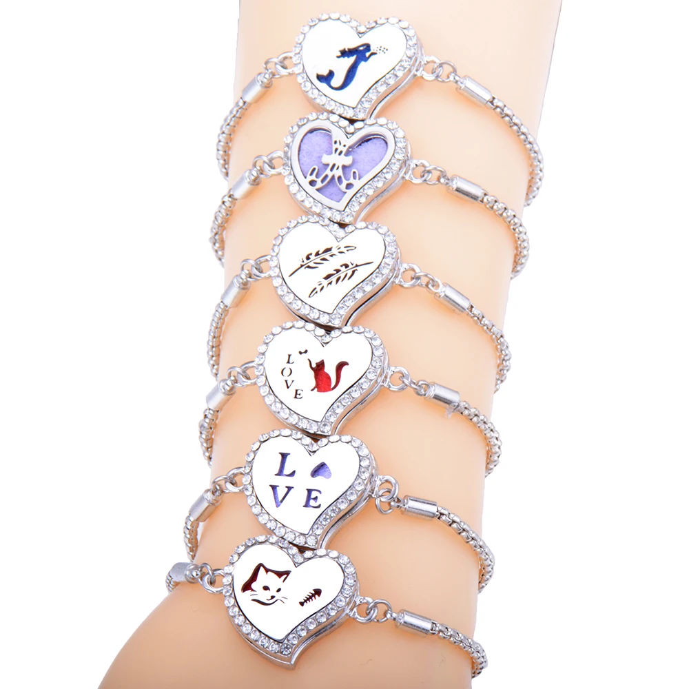

Aromatherapy Bracelet Diffuser Locket Heart shape Adjustable Perfume Essential Oil Diffuser Bracelet Crystal Magnetic for Women