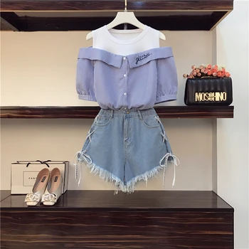 

2020 New Summer Fashion Women's Sets College Style Raglan Sleeves Short Sleeve Top + Wide Leg Tassel Denim Shorts Students Suits